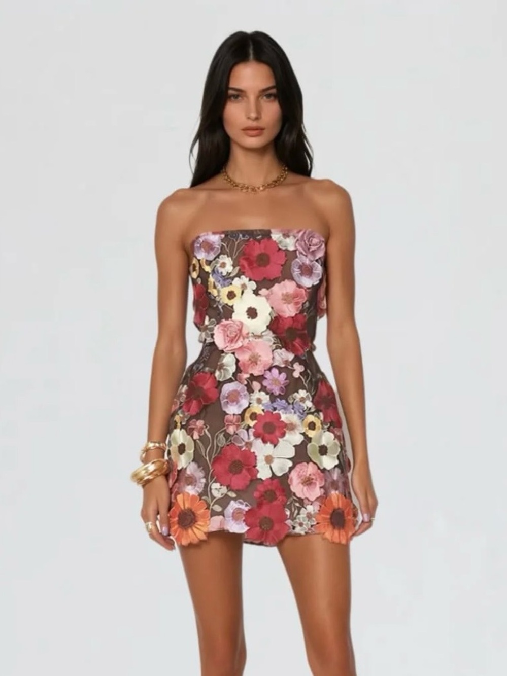 Mew Mews Strapless Floral Mini Dress in Multi-Color